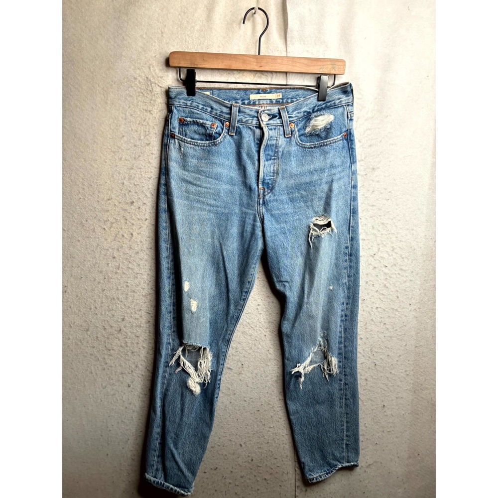Levi's Wedgie Tapered Jeans Women 27 Blue Denim Distressed High Waist Light Wash